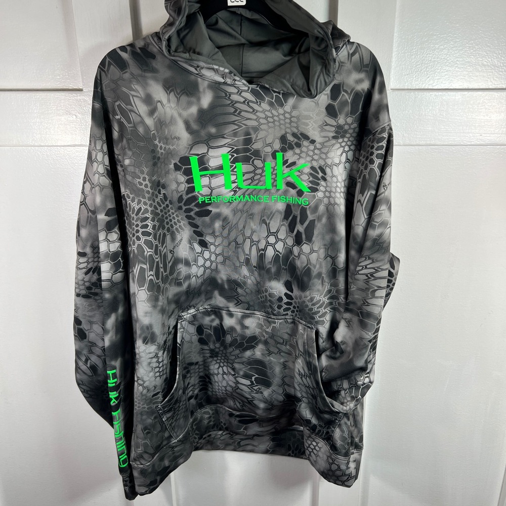 Huk Performance Fishing Hoodie Kryptek Raid Camo Grey Neon Green XL H1200021